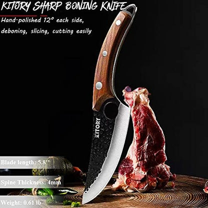 Kitory Butcher Knife for Meat Cutting, Hand Forged Viking Boning Knife with Ergonomic Wood Handle, High Carbon Steel Chinese Chef Knife for Camping, Outdoor, BBQ, Birthday Gift for Men