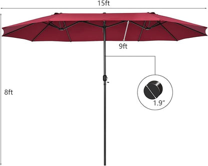 Tangkula 15Ft Double-Sided Patio Umbrella, Outdoor Extra Large Umbrella W/Hand-Crank System & Air Vents, Market Twin Umbrella W/ 12-Rib Sturdy Metal Frame for Poolside, Garden Backyard (Burgundy)