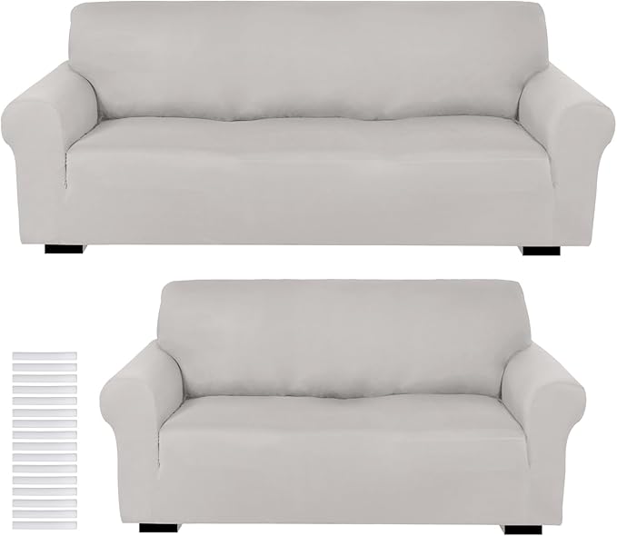 Peryiter 2 Pcs Couch and Loveseat Sofa Covers,Silver Gray,Milk Silk | Armchair Covers for Living Room, Sofa Cushion Slipcover 2/3 Seater, Furniture Protector, Polyester and Spandex, Washable