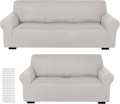 Peryiter 2 Pcs Couch and Loveseat Sofa Covers,Silver Gray,Milk Silk | Armchair Covers for Living Room, Sofa Cushion Slipcover 2/3 Seater, Furniture Protector, Polyester and Spandex, Washable
