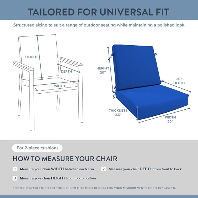 California Umbrella Outdoor Dining Chair, Set of 2 Patio Seat Cushions, 20 x 40 Inch, Premium Outdoor Memory Foam, Fade Resistant, Sunbrella Fabric, Fabric Ties, Pacific Blue