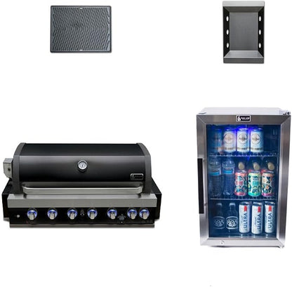 Mont Alpi Premium Black Stainless Steel Outdoor Kitchen Island 44"W 6-Burner Built-in BBQ Grill Head Set with Compact Glass Door Refrigerator + Charcoal Tray and Dual Sided Griddle Plate Combo Bundle