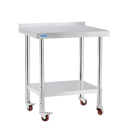 KUARBARR Stainless Steel Table for Prep & Work with 4 Caster Wheels with Backsplash 24 x 30 NSF Metal Commercial Kitchen Adjustable Under Shelf Worktable for Restaurant Home Outdoor