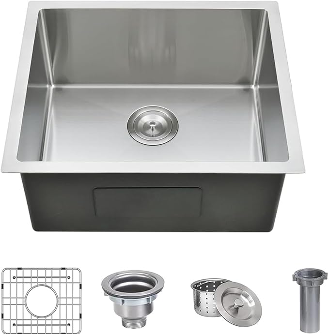 18 x 19 Inch Undermount Kitchen Bar Sink, Handmade Single Bowl 304 Stainless Steel Wet RV Sinks, Indoor and Outdoor Deep Kitchen Laundry Basin with Accessories