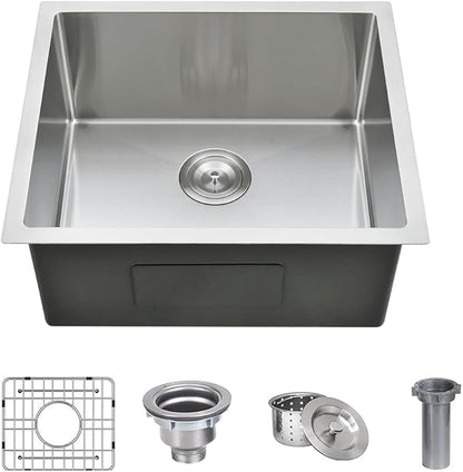 18 x 19 Inch Undermount Kitchen Bar Sink, Handmade Single Bowl 304 Stainless Steel Wet RV Sinks, Indoor and Outdoor Deep Kitchen Laundry Basin with Accessories