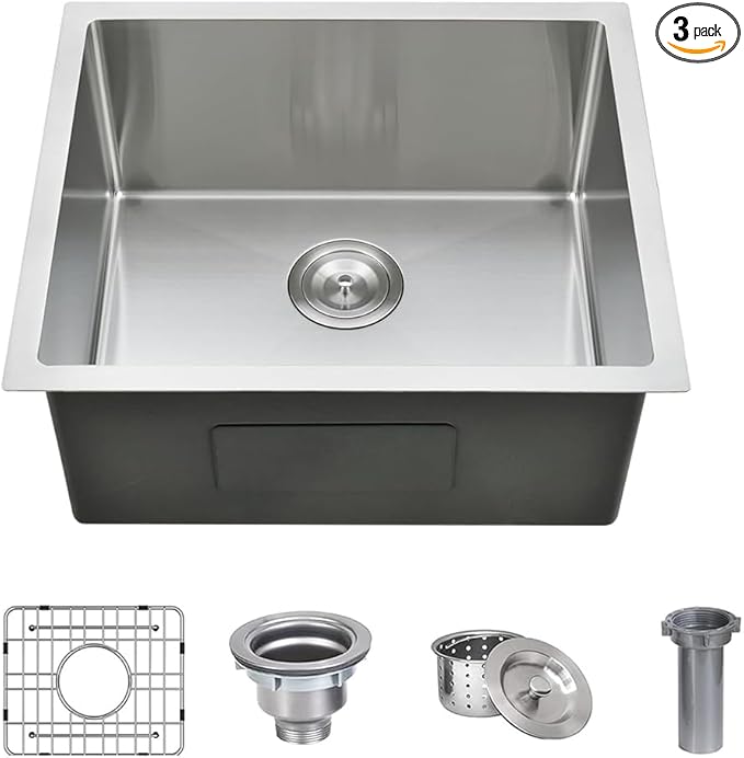 16 x 18 Inch Undermount Kitchen Bar Sink, Handmade Single Bowl 304 Stainless Steel Wet RV Sinks, Indoor and Outdoor Deep Kitchen Laundry Basin with Accessories