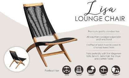 Lisa Mid Century Acacia Outdoor Lounge Chair, Black Cording | Quick Dry Cording Suspension Seat and Back, 330 lb Capacity, Low 13.5 in Seat, for Patio, Balcony, Poolside 68095