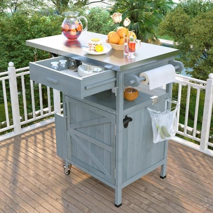 Outdoor Grill Cart with Stainless Steel Top, 40.5”Solid Wood BBQ Prep Table for Pizza Oven, Mobile Outdoor Kitchen Island with Drop Leaf, Storage Cabinet, Towel Rack & Spice Holder for Patio