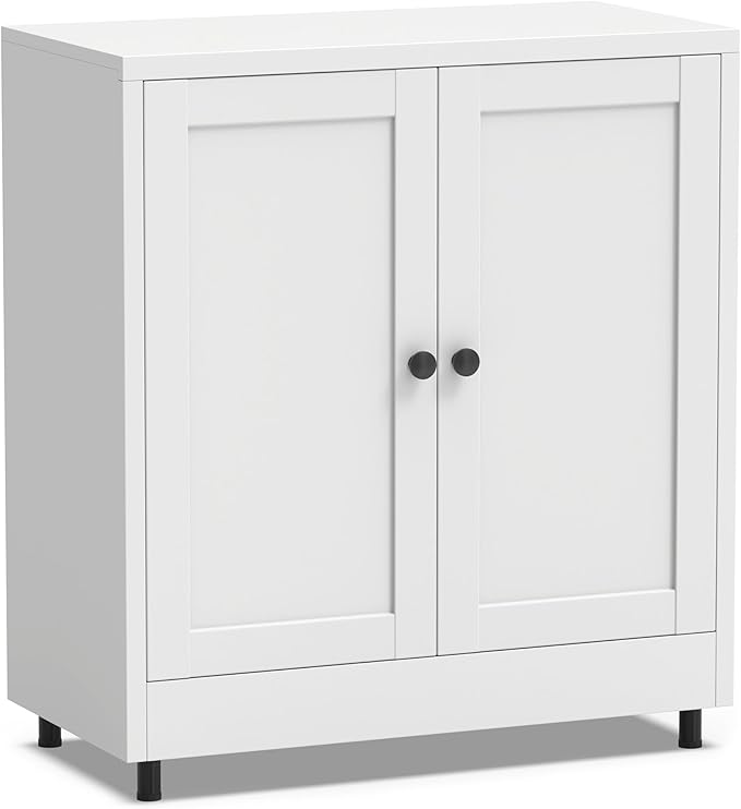 Metal Storage Cabinet with 2 Doors and Adjustable Shelf, Steel Sideboard Buffet Cabinet for Home Office Hallway Entryway Kitchen Living Dining Room (White)
