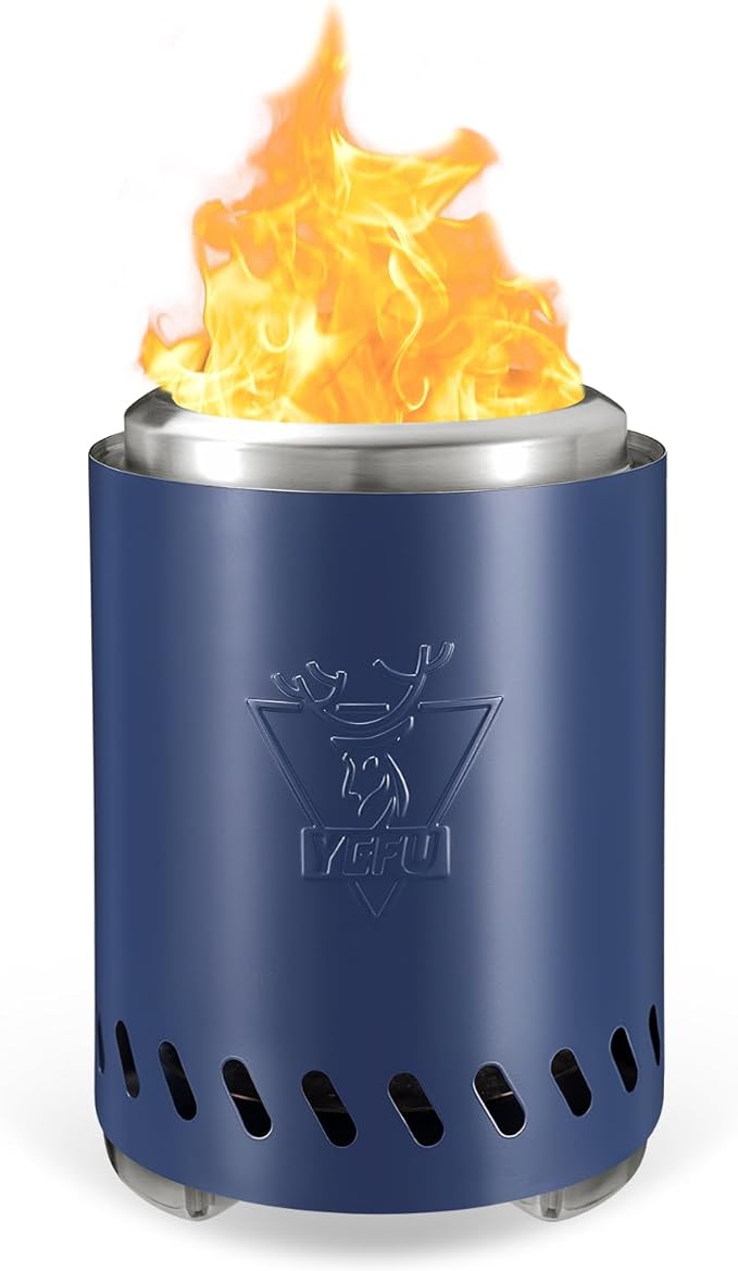 YEFU Tabletop Fire Pit 9.7 x 7.1 in, Low Smoke Camping Stove for Outdoor & Patio, Fueled by Pellets or Wood, Safe Burning Table Top Firepit, with Travel Bag & 2 Mini Sticks & Fireproof Mat, Blue
