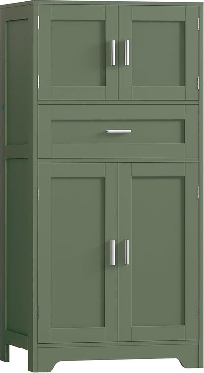 Bathroom Floor Storage Cabinet with Adjustable Shelf, Freestanding Storage Cabinet with 4 Doors, Cupboard for Living Room, Home Office, Entryway, Forest Green