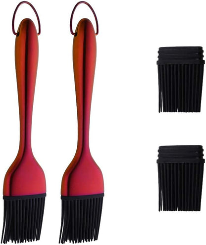 2 Pack Grill Basting Brush with 2 Pack Back Up Silicone Brush Heads, No Shed Bristles Stainless Steel Handles Heatproof Rust Resistant, Pastry Brushes for Kitchen Cooking BBQ (Orange Red)
