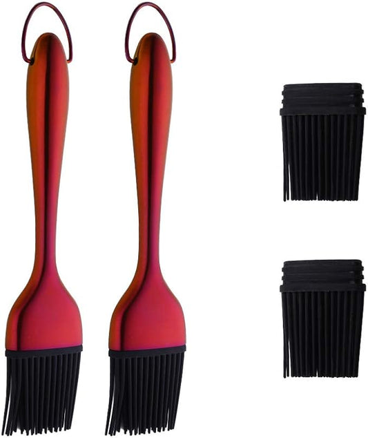 2 Pack Grill Basting Brush with 2 Pack Back Up Silicone Brush Heads, No Shed Bristles Stainless Steel Handles Heatproof Rust Resistant, Pastry Brushes for Kitchen Cooking BBQ (Orange Red)