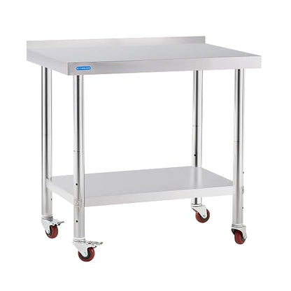 KUARBARR Stainless Steel Table for Prep & Work with 4 Caster Wheels with Backsplash 24 x 36 NSF Metal Commercial Kitchen Adjustable Under Shelf Worktable for Restaurant Home Outdoor