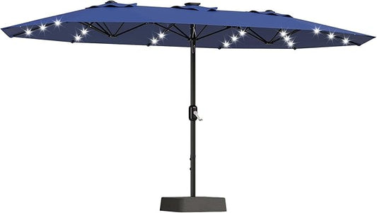 15FT Outdoor Patio Umbrella,Double-Sided Rectangle Market Umbrella with 36 LED Solar Lights & Base,UV50+ Weather-Resistant Oversized Outdoor Umbrella,Crank Lift,3-Way Shade for Pool,Garden,Backyard