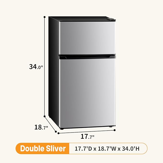 NEWBULIG Mini Fridge with Freezer 3.2 Cu.Ft Small Refrigerator for Office, Dorm, Small Fridge with Adjustable Thermostat, Energy Saving, Dual Door, Sliver