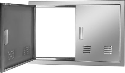 Outdoor Kitchen Door 30" W x 21" H Stainless Steel BBQ Double Access Door Flush Mount Vertical Wall Doors with Handle and Vents Suitable for Grilling Station Outside Cabinet Outdoor Kitchen