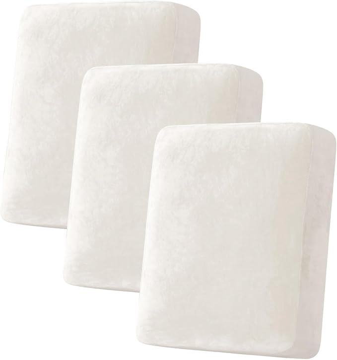 H.VERSAILTEX Velvet Stretch Couch Cushion Cover Plush Cushion Slipcover for Chair Loveseat Sofa Cushion Furniture Protector Seat Cushion Sofa Cover (3 Piece Sofa Cushion Covers, Porcelain White)