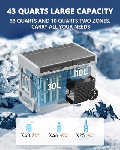 ELECAENTA 12V Refrigerator with Battery, 43qt Dual Zone, Support DC/AC/Solar/Battery Powered, Portable Car Fridge Freezer -4℉~68℉, Electric Cooler for Vehicles Camping Travel Fishing Road Trips