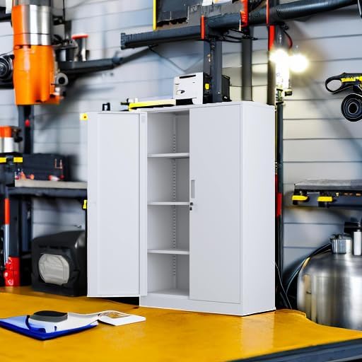 Metal Storage Cabinet with Locking Doors and 3 Adjustable Shelves, 53.5-Inch Tall Lockable Steel Storage Cabinets for Home Office Garage Pantry (White)
