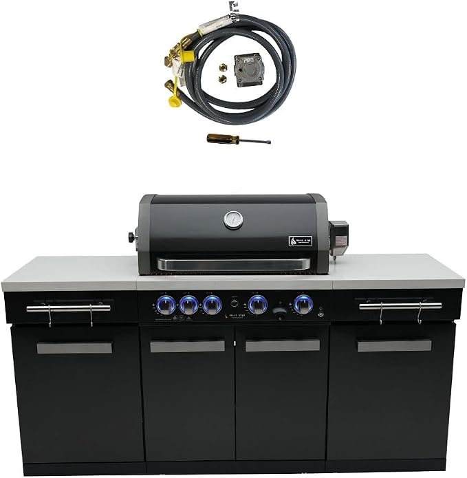 Mont Alpi 70"W x 24"D x 46"H Black Stainless Steel Outdoor Kitchen Island + 32"W 4-Burner BBQ Gas Grill with Infrared Burner + Storage Cabinets + White Granite Countertops + Natural Gas Conversion Kit