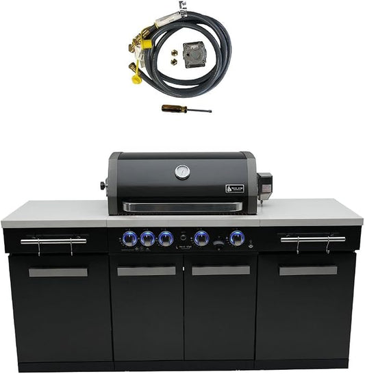 Mont Alpi 70"W x 24"D x 46"H Black Stainless Steel Outdoor Kitchen Island + 32"W 4-Burner BBQ Gas Grill with Infrared Burner + Storage Cabinets + White Granite Countertops + Natural Gas Conversion Kit