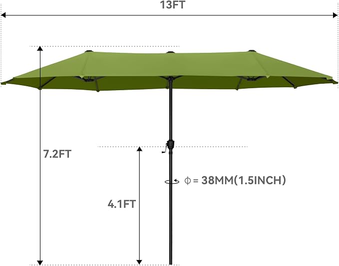 GREEN PARTY 13 ft Outdoor Patio Umbrella, Large Rectangular Table Umbrellas | Double-Sided, UV & Fade Resistant Canopy for Deck Poolside Garden Backyard, Market Umbrella with Crank & 1.5" Pole, Lime