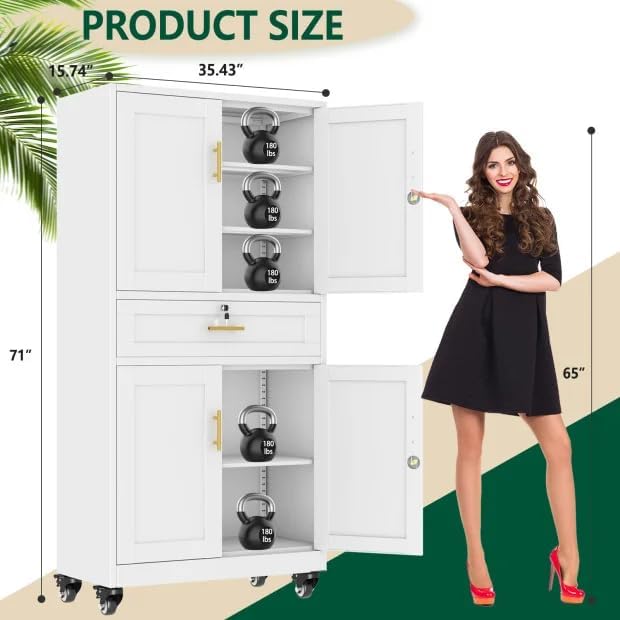 winiowa 71" Tall Metal Garage Storage Cabinet with Wheels and Locking Doors, Locking Rolling Tool Cabinet with Drawer and 3 Adjustable Shelves for Garage,Home,Office (White)