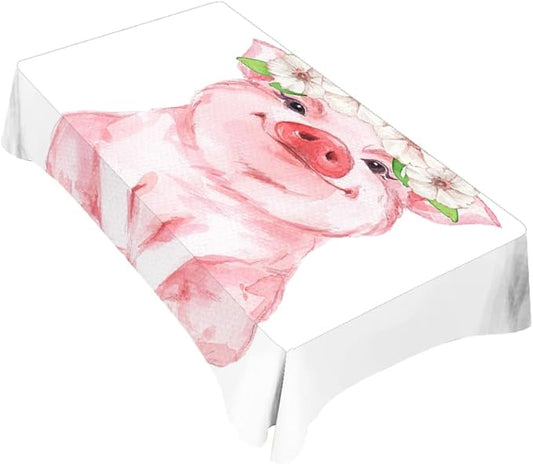 TKS MITLAN Pink Pig Funny Tablecloth 60x84 Inch Rectangular Cute Animal Wearing Wreath Oblong Table Cloth Kitchen Table Decorations for Home Dinner Party