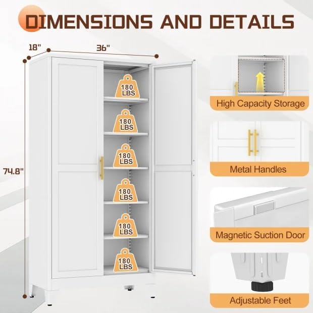 PAOFIN 75" Metal Kitchen Pantry Cabinet,White Storage Cabinet with Doors and 5 Adjustable Shelves, Cabinet with 2 Metal Handles,Tall Cabinet for Livingroom,Pantry, Bathroom,Kitchen