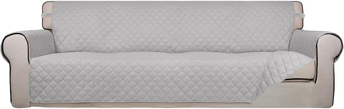 PureFit Reversible Quilted Couch Covers for Dogs Sofa Cover 4 Seater 88" | Light Gray/Light Gray, Water Resistant Couch Protector, Washable Pet Couch Cover with Non Slip and Elastic Straps For Kids
