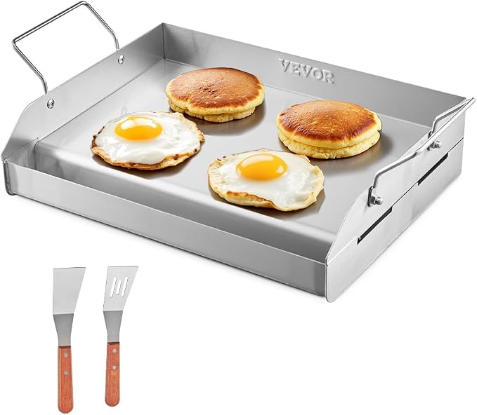 VEVOR Stainless Steel Griddle, 17x13 inch Universal Flat Top Rectangular Plate, Gas Grill Griddle for BBQ Grill, Teppanyaki, Portable Family Cookware with Handle, for Camping Tailgating Party