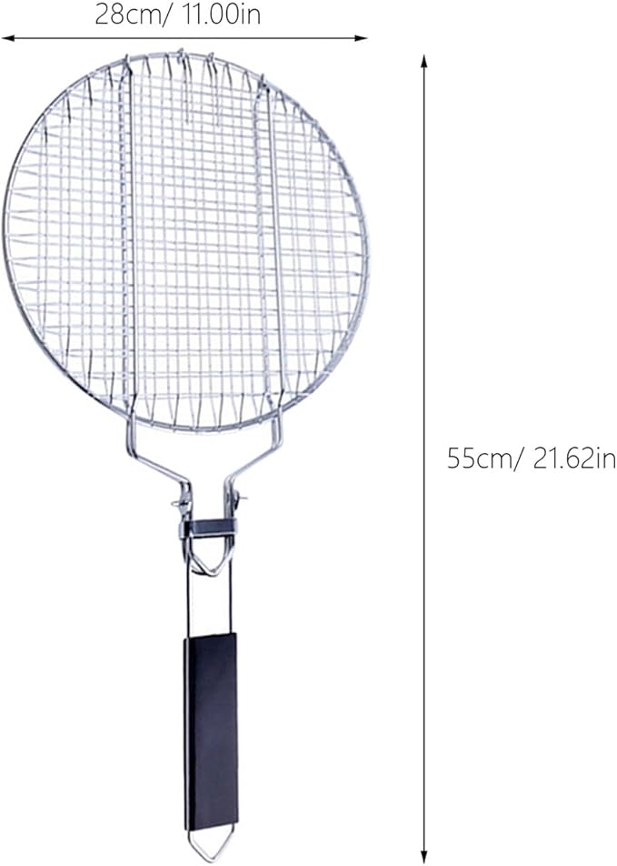 Round Grill Basket, Folding Stainless Steel Barbecue Nets Grilling Accessories, Metal Fish Clips with Removable Handle, Non-stick Clamp Grilled BBQ Supply, Outdoor Vegetable Grilling Rack
