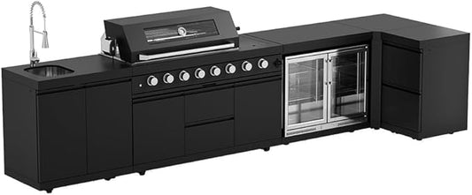 BBQ Outdoor Kitchen Island Grill Barbecue Modular Patio Kitchens Kits with Electric Rotisserie, Sink, fridge, and Burner for More than 15 People