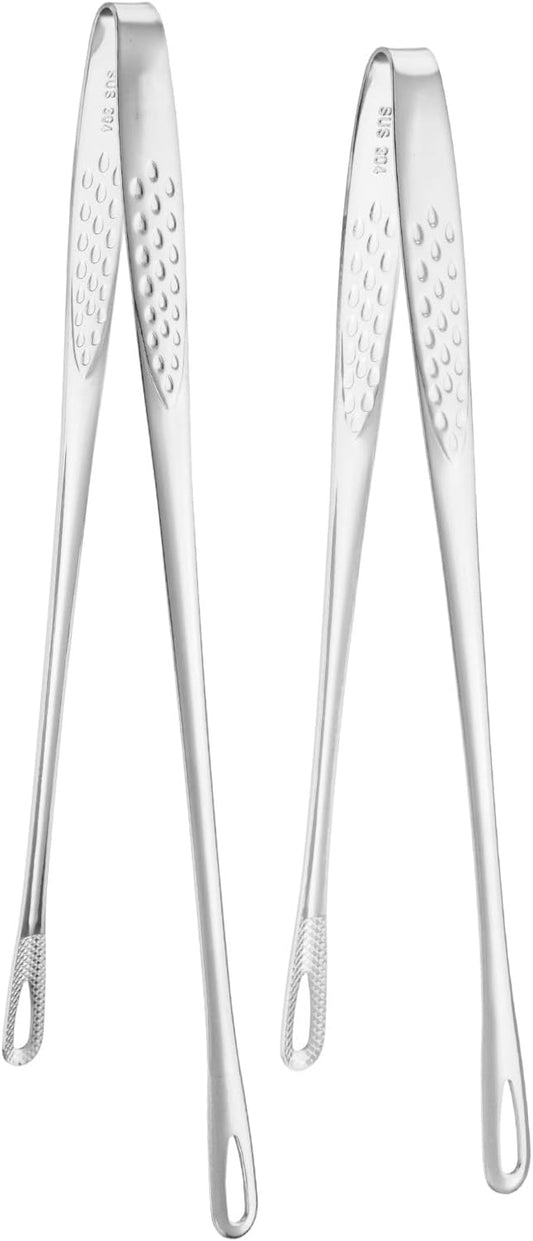 M METERXITY 2-Pack Extra Long Grill Tongs, 9.4/11 Inch Non-Slip 304 Stainless Steel Locking Tongs for Cooking/Buffet/Outdoor Barbecue, Korean BBQ Tweezers Metal Clamp Tool [Silver Tone]