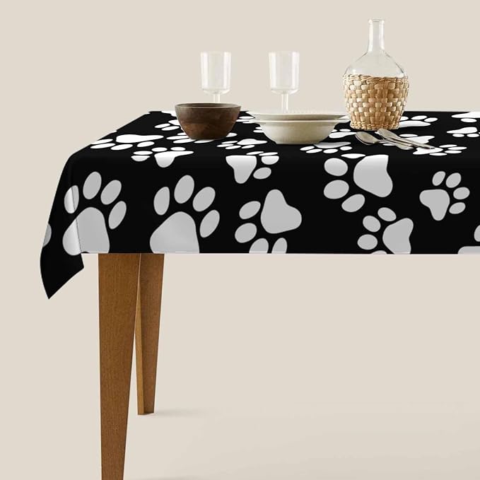 TKS MITLAN Dog Paw Tablecloth 60x84 Inch Rectangular Black White Cat Footprint Dog Paw Prints Oblong Table Cloth Kitchen Table Decorations for Home Dinner Party