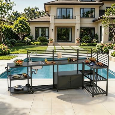 LEVELEVE Modular Outdoor Kitchen Island 5-Piece Set, Aluminum Outdoor Kitchen Cabinets Prep Station with Sink, Storage Cabinets & Shelves for Patio, Backyard & Deck