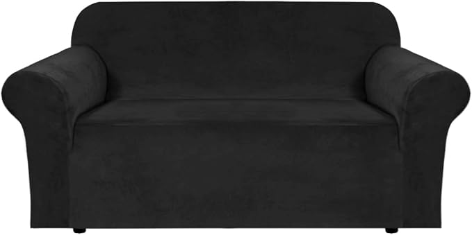 H.VERSAILTEX Stretch Velvet Loveseat Covers for 2 Cushion Couch Covers for Living Room Sofa Covers Slipcovers with Non Slip Straps Bottom, Ultra Thick Comfy Velour (Width 58"-72", Black)