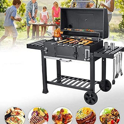 BBQ Grill Outdoor XXL Smoker Barbecue Charcoal Portable BBQ Grill Garden w/Wheels and Storage Shelves,Barbeque Grill with Thermometer Lid, Liftable Drawer Charcoal