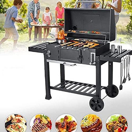 BBQ Grill Outdoor XXL Smoker Barbecue Charcoal Portable BBQ Grill Garden w/Wheels and Storage Shelves,Barbeque Grill with Thermometer Lid, Liftable Drawer Charcoal