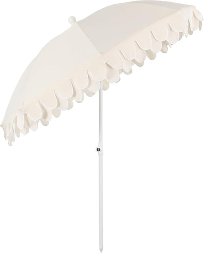 JONATHAN Y Horizon 6.5 ft. Scalloped Fringe Beach Umbrella, Cream | UV 50 Sun Protection, Push Button Tilt, Matching Carry Bag, White Iron Pole, Wind Vent, 8 Fiberglass Ribs, Pointed End