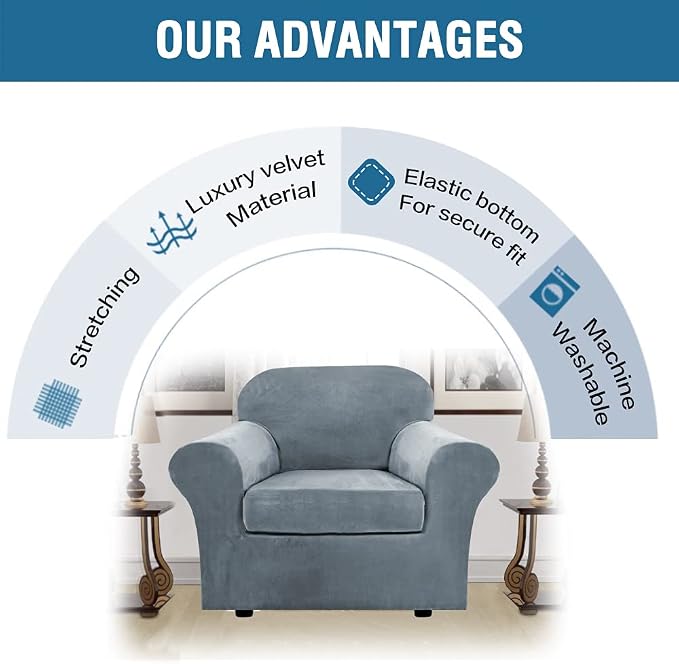H.VERSAILTEX Rich Velvet Stretch 2 Piece Cover Chair Slipcover Sofa Cover Furniture Protector Couch Soft with Elastic Bottom Chair Couch Cover with Arms Width Up to 49 Inch(Chair, Stone Blue)