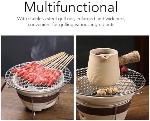 Traditional Chinese Clay Charcoal Stove for Tea Making & Grilling, Indoor Outdoor Camping Picnic BBQ, Portable Ceramic Stove with Grill Net & Stand (9.45 Inch)