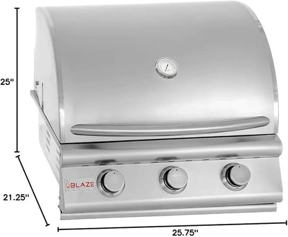Blaze Prelude LBM Built-In Natural Gas Grill | 25-Inch 3-Burner BBQ with 42,000 BTUs | 304 Stainless Steel Construction | Flame Stabilizing Grids | BLZ-3LBM-NG