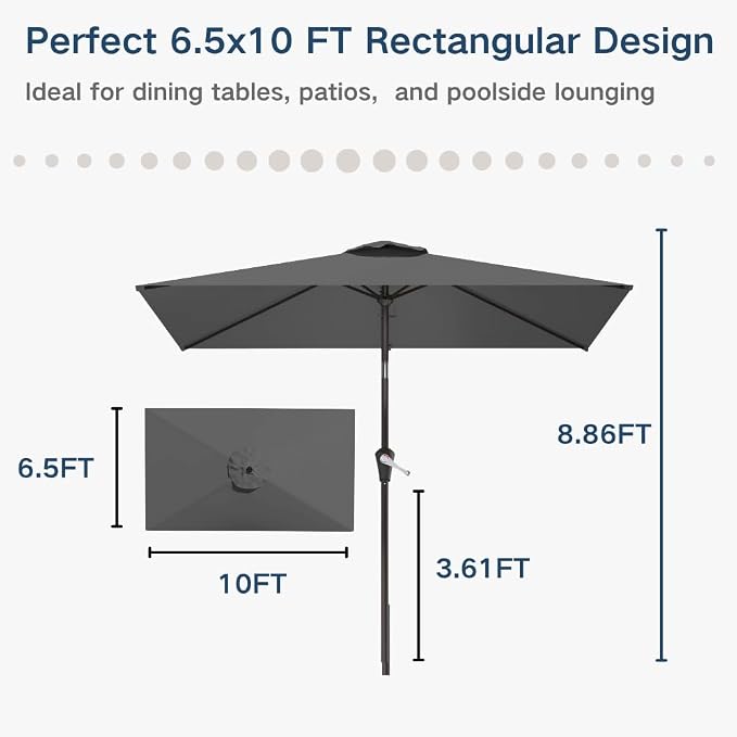 6.5' x 10' Rectangular Patio Umbrella Large Outdoor Market Umbrella w/UV Protection, Push Button Tilt and Crank Lift, Rectangle Table Umbrella for Garden, Deck, Pool, Patio, Grey
