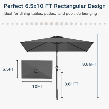 6.5' x 10' Rectangular Patio Umbrella Large Outdoor Market Umbrella w/UV Protection, Push Button Tilt and Crank Lift, Rectangle Table Umbrella for Garden, Deck, Pool, Patio, Grey