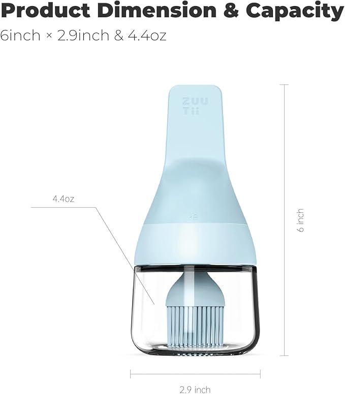 Zuutii Oil Dispenser with Silicone Brush for Cooking, Glass Oil Bottle with Heat Resistant Basting Brushes for Baking, Food Brush for Grilling, Butter, BBQ Sauce， Dishwasher Safe,4.4oz,Blue