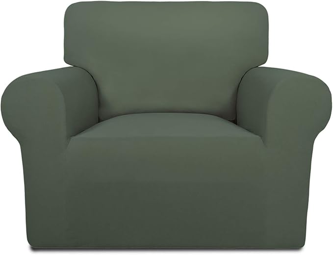 PureFit Stretch Chair Covers Fleece Couch Covers for Sofa Grayish Green | 1-Piece Spandex Couch Cover Soft Couch Protector, Sofa Cover Washable with Non Skid Foam and Elastic Bottom for Kids, Dogs