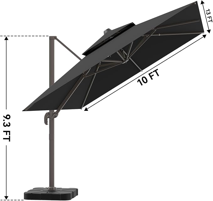 10x13FT Black Cantilever Outdoor Patio Umbrella with Base, Large Rectangular Offset Design, Double Top Heavy Duty Aluminum Frame & 360° Rotation for Pool Garden Deck Backyard