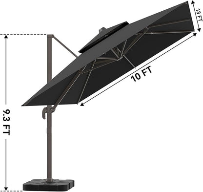 10x13FT Black Cantilever Outdoor Patio Umbrella with Base, Large Rectangular Offset Design, Double Top Heavy Duty Aluminum Frame & 360° Rotation for Pool Garden Deck Backyard